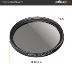 Walimex pro Polfilter zirkular slim 52 mm, Polarisationsfilter inkl. Schutzhülle, CPL Filter mit Metallfassung, Kamera Pol Filter für professionelle Aufnahmen