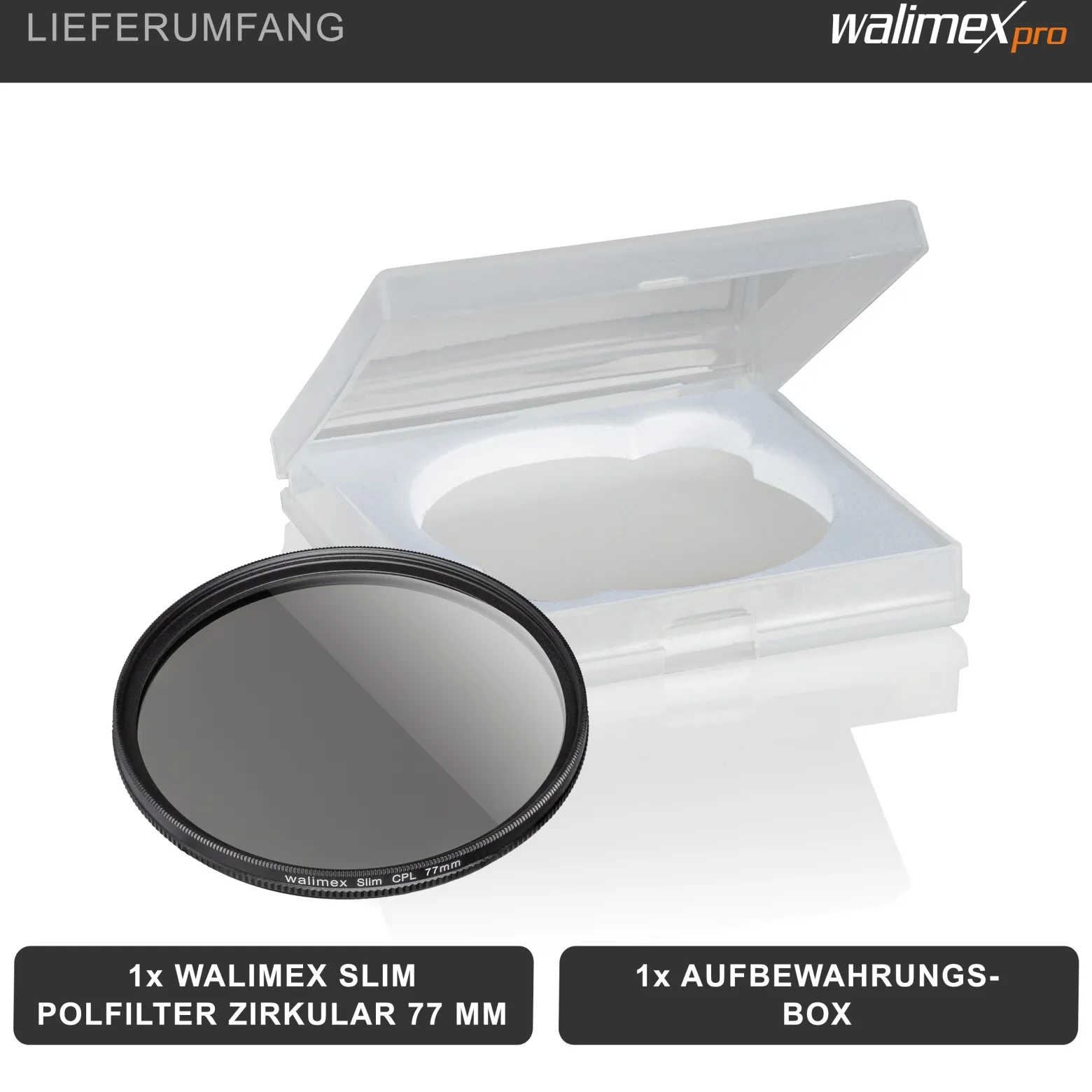 Walimex pro Polfilter zirkular slim 77 mm, Polarisationsfilter inkl. Schutzhülle, CPL Filter mit Metallfassung, Kamera Pol Filter für professionelle Aufnahmen