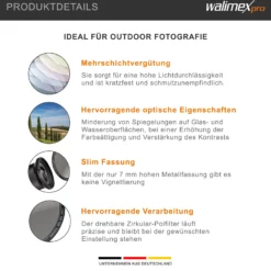 Walimex pro Polfilter zirkular slim 55 mm, Polarisationsfilter inkl. Schutzhülle, CPL Filter mit Metallfassung, Kamera Pol Filter für professionelle Aufnahmen