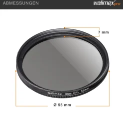 Walimex pro Polfilter zirkular slim 55 mm, Polarisationsfilter inkl. Schutzhülle, CPL Filter mit Metallfassung, Kamera Pol Filter für professionelle Aufnahmen