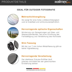 Walimex pro Polfilter zirkular slim 46 mm, Polarisationsfilter inkl. Schutzhülle, CPL Filter mit Metallfassung, Kamera Pol Filter für professionelle Aufnahmen