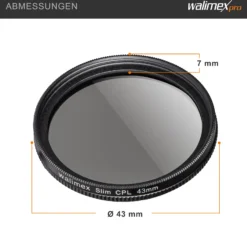 Walimex pro Polfilter zirkular slim 43 mm, Polarisationsfilter inkl. Schutzhülle, CPL Filter mit Metallfassung, Kamera Pol Filter für professionelle Aufnahmen