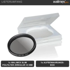 Walimex pro Polfilter zirkular slim 43 mm, Polarisationsfilter inkl. Schutzhülle, CPL Filter mit Metallfassung, Kamera Pol Filter für professionelle Aufnahmen