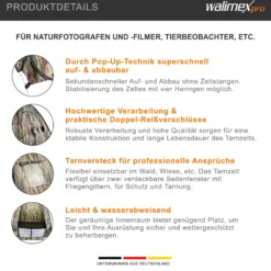 Walimex pro Pop-up Camouflage Tarnzelt für Naturfotografie und Tierbeobachtung – 1100 x 1100 x 1400 mm – Schnell auf- und abbaubar, mit Seitenfenstern inkl. Transporttasche