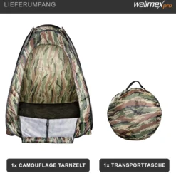 Walimex pro Pop-up Camouflage Tarnzelt für Naturfotografie und Tierbeobachtung – 1100 x 1100 x 1400 mm – Schnell auf- und abbaubar, mit Seitenfenstern inkl. Transporttasche