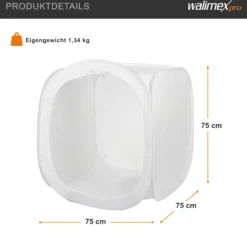 Walimex pro Pop-Up Lichtwürfel 75 x 75 x 75 cm Fotozelt für Produktfotografie mit Hintergrundstoffen und Transporttasche