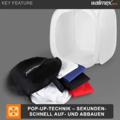 Walimex pro Pop-Up Lichtwürfel 75 x 75 x 75 cm Fotozelt für Produktfotografie mit Hintergrundstoffen und Transporttasche