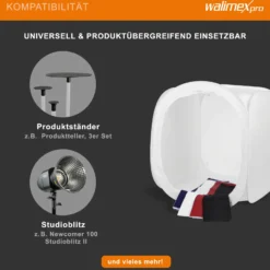 Walimex pro Pop-Up Lichtwürfel 75 x 75 x 75 cm Fotozelt für Produktfotografie mit Hintergrundstoffen und Transporttasche