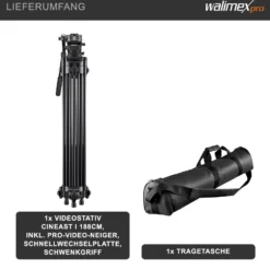 Walimex pro Profi Videostativ Cineast I - 865 x 200 x 200 mm - max. Traglast 6 kg - mit Tasche - 5 Beinstreben & Mittelspinne - für Videokameras & DSLRs - schwarz