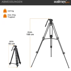 Walimex pro Profi Videostativ Cineast I - 865 x 200 x 200 mm - max. Traglast 6 kg - mit Tasche - 5 Beinstreben & Mittelspinne - für Videokameras & DSLRs - schwarz