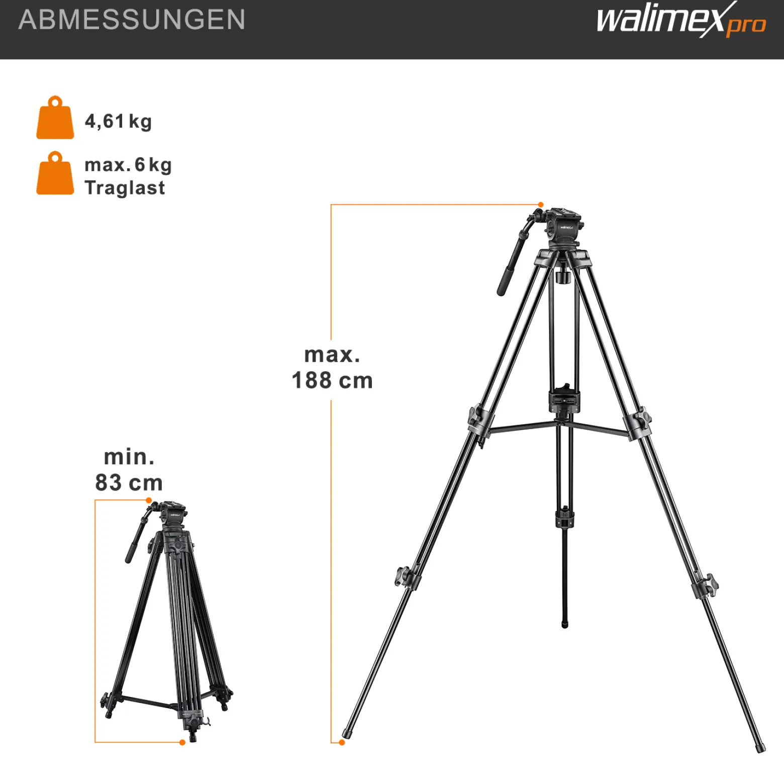 Walimex pro Profi Videostativ Cineast I - 865 x 200 x 200 mm - max. Traglast 6 kg - mit Tasche - 5 Beinstreben & Mittelspinne - für Videokameras & DSLRs - schwarz