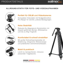 Walimex pro Profi Videostativ Cineast I - 865 x 200 x 200 mm - max. Traglast 6 kg - mit Tasche - 5 Beinstreben & Mittelspinne - für Videokameras & DSLRs - schwarz