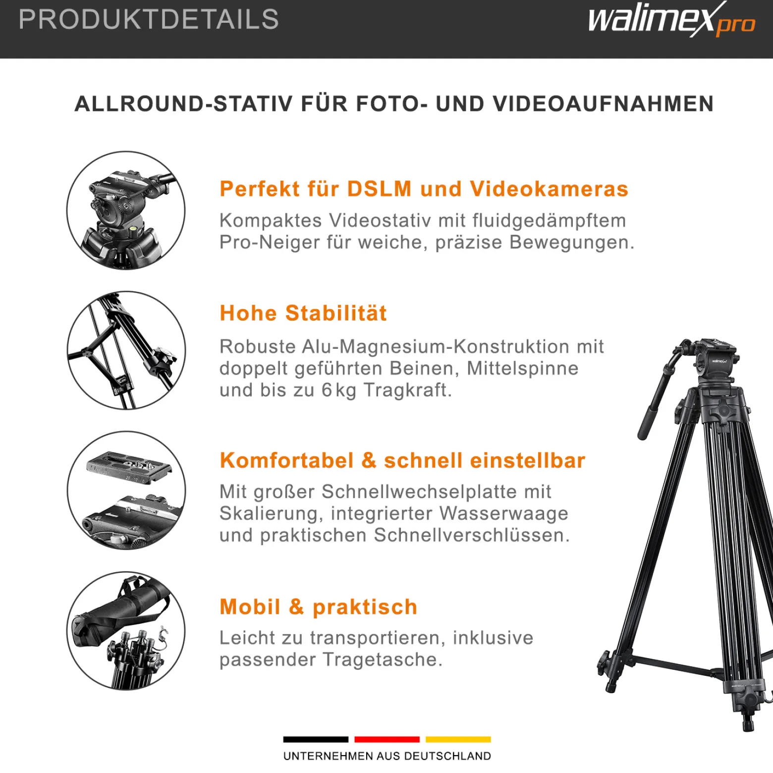 Walimex pro Profi Videostativ Cineast I - 865 x 200 x 200 mm - max. Traglast 6 kg - mit Tasche - 5 Beinstreben & Mittelspinne - für Videokameras & DSLRs - schwarz