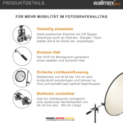 Walimex pro Reflektorhalter mit Klemme - 1800 x 100 x 100 mm - Teleskopstange 44-150 cm - inkl. Transporttasche - Halter für Fotoreflektoren für Foto Porträt Produktfotografie