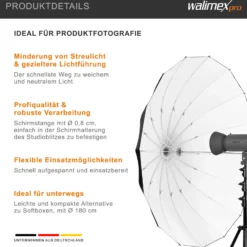 Walimex pro Reflexschirm Ø 180 cm schwarz/weiß für weiches Licht, Lichtreflektor für neutrale Lichtführung und Streulichtminderung, optimal für Produktfotografie