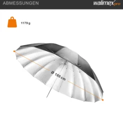 Walimex pro Reflexschirm Ø 180 cm schwarz/silberfarben für hartes Licht, Lichtreflektor ideal für Porträt- und Produktfotografie