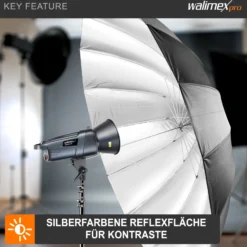 Walimex pro Reflexschirm Ø 180 cm schwarz/silberfarben für hartes Licht, Lichtreflektor ideal für Porträt- und Produktfotografie