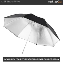 Walimex pro Reflexschirm Ø 109 cm schwarz/silberfarben für hartes Licht und Kontraste, Lichtreflektor ideal für Porträt- und Produktfotografie, Lichtformer für Studioblitz, Fotoschirm mit Metallstange