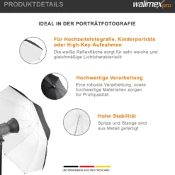 Walimex pro Reflexschirm Ø 109 cm schwarz/weiß für weiches Licht, Lichtreflektor ideal für Porträtfotografie und Produktfotografie, Lichtformer für Studioblitz, Fotoschirm mit Metallstange
