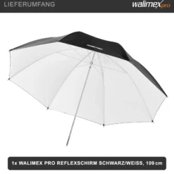 Walimex pro Reflexschirm Ø 109 cm schwarz/weiß für weiches Licht, Lichtreflektor ideal für Porträtfotografie und Produktfotografie, Lichtformer für Studioblitz, Fotoschirm mit Metallstange