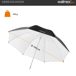 Walimex pro Reflexschirm Ø 109 cm schwarz/weiß für weiches Licht, Lichtreflektor ideal für Porträtfotografie und Produktfotografie, Lichtformer für Studioblitz, Fotoschirm mit Metallstange