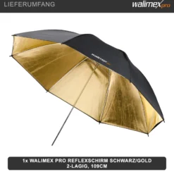 Walimex pro Reflexschirm zweilagig schwarz/gold, Fotoschirm 109 cm Durchmesser, robuster Reflektor mit hohem Reflexionsvermögen, Lichtformer für weiche Lichtcharakteristik