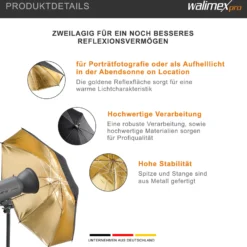 Walimex pro Reflexschirm zweilagig schwarz/gold, Fotoschirm 109 cm Durchmesser, robuster Reflektor mit hohem Reflexionsvermögen, Lichtformer für weiche Lichtcharakteristik