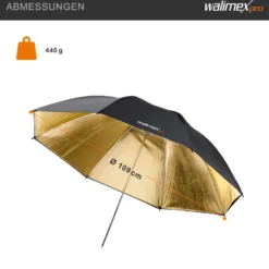Walimex pro Reflexschirm zweilagig schwarz/gold, Fotoschirm 109 cm Durchmesser, robuster Reflektor mit hohem Reflexionsvermögen, Lichtformer für weiche Lichtcharakteristik