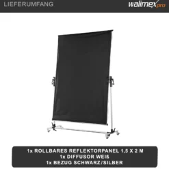 Walimex pro Rollbares Reflektorpanel 150 x 200 cm, Reflektor und Diffusor Fotografie in einem, silberfarbene Vorderseite und schwarze Rückseite