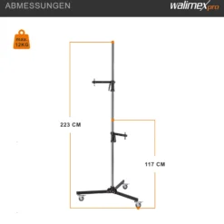 Walimex pro Rollstativ 223 cm, Blitzstativ belastbar bis 12 kg, Studiostativ mit zwei verschiebbaren Klemmhaltern, Lampenstativ mit stabilen Rollen ideal zur Befestigung von Studio-Equipment