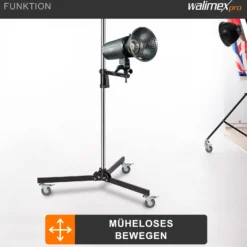Walimex pro Rollstativ 223 cm, Blitzstativ belastbar bis 12 kg, Studiostativ mit zwei verschiebbaren Klemmhaltern, Lampenstativ mit stabilen Rollen ideal zur Befestigung von Studio-Equipment