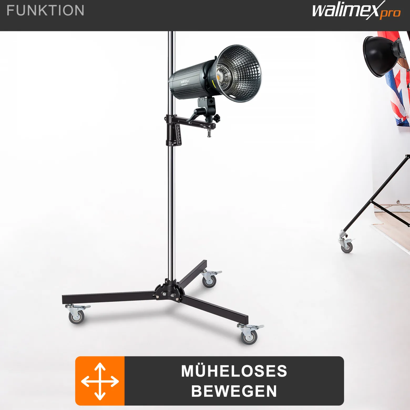 Walimex pro Rollstativ 223 cm, Blitzstativ belastbar bis 12 kg, Studiostativ mit zwei verschiebbaren Klemmhaltern, Lampenstativ mit stabilen Rollen ideal zur Befestigung von Studio-Equipment