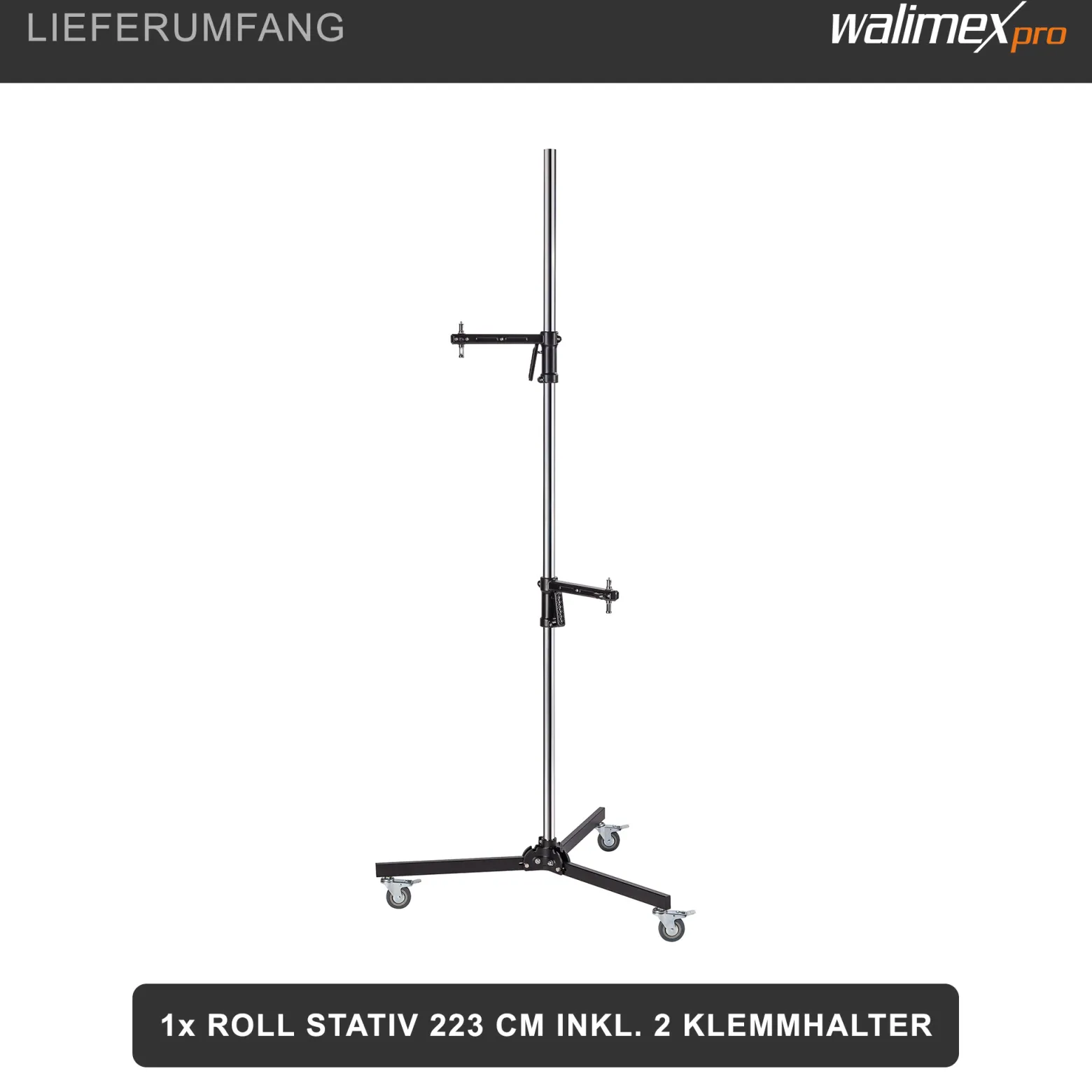 Walimex pro Rollstativ 223 cm, Blitzstativ belastbar bis 12 kg, Studiostativ mit zwei verschiebbaren Klemmhaltern, Lampenstativ mit stabilen Rollen ideal zur Befestigung von Studio-Equipment