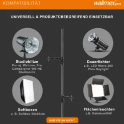 Walimex pro Rollstativ 223 cm, Blitzstativ belastbar bis 12 kg, Studiostativ mit zwei verschiebbaren Klemmhaltern, Lampenstativ mit stabilen Rollen ideal zur Befestigung von Studio-Equipment