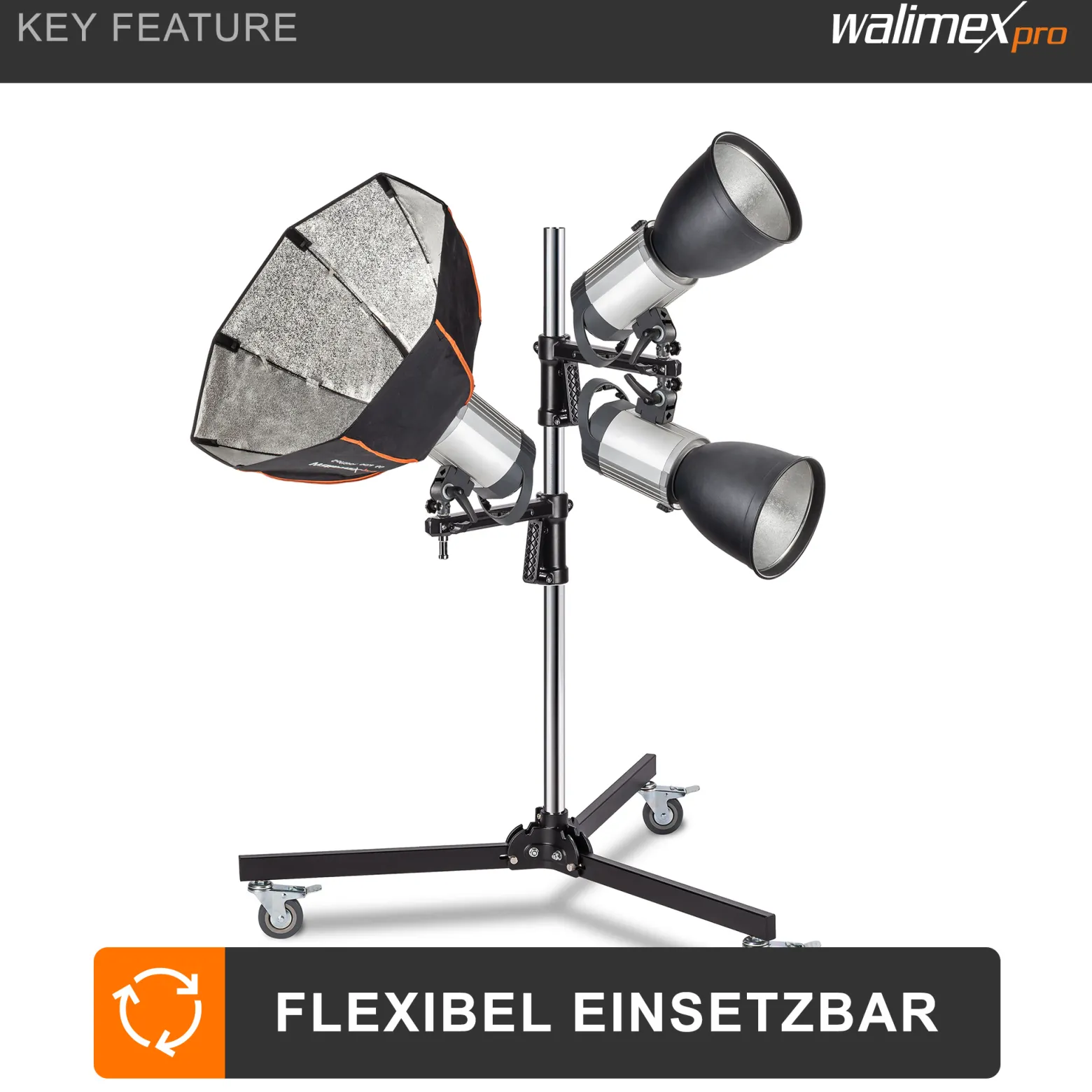 Walimex pro Rollstativ 223 cm, Blitzstativ belastbar bis 12 kg, Studiostativ mit zwei verschiebbaren Klemmhaltern, Lampenstativ mit stabilen Rollen ideal zur Befestigung von Studio-Equipment