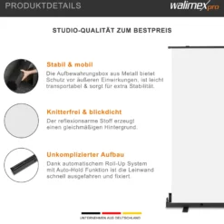Walimex pro Roll-up Panel Hintergrund weiß 155 x 200 cm, Fotohintergrund mit Transportbox, Hintergrundsystem für Fotostudio, knitterfreie Fotoleinwand ideal für Freistellen und High-Key-Fotografie