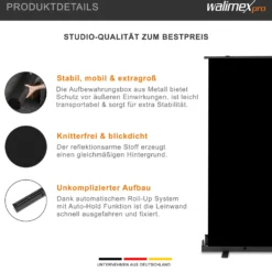 Walimex pro Roll-up Panel Hintergrund schwarz 155 x 200 cm, Fotohintergrund mit Transportbox, Hintergrundsystem für Fotostudio, knitterfreie Fotoleinwand ideal für Low-Key-Fotografie und Portraits