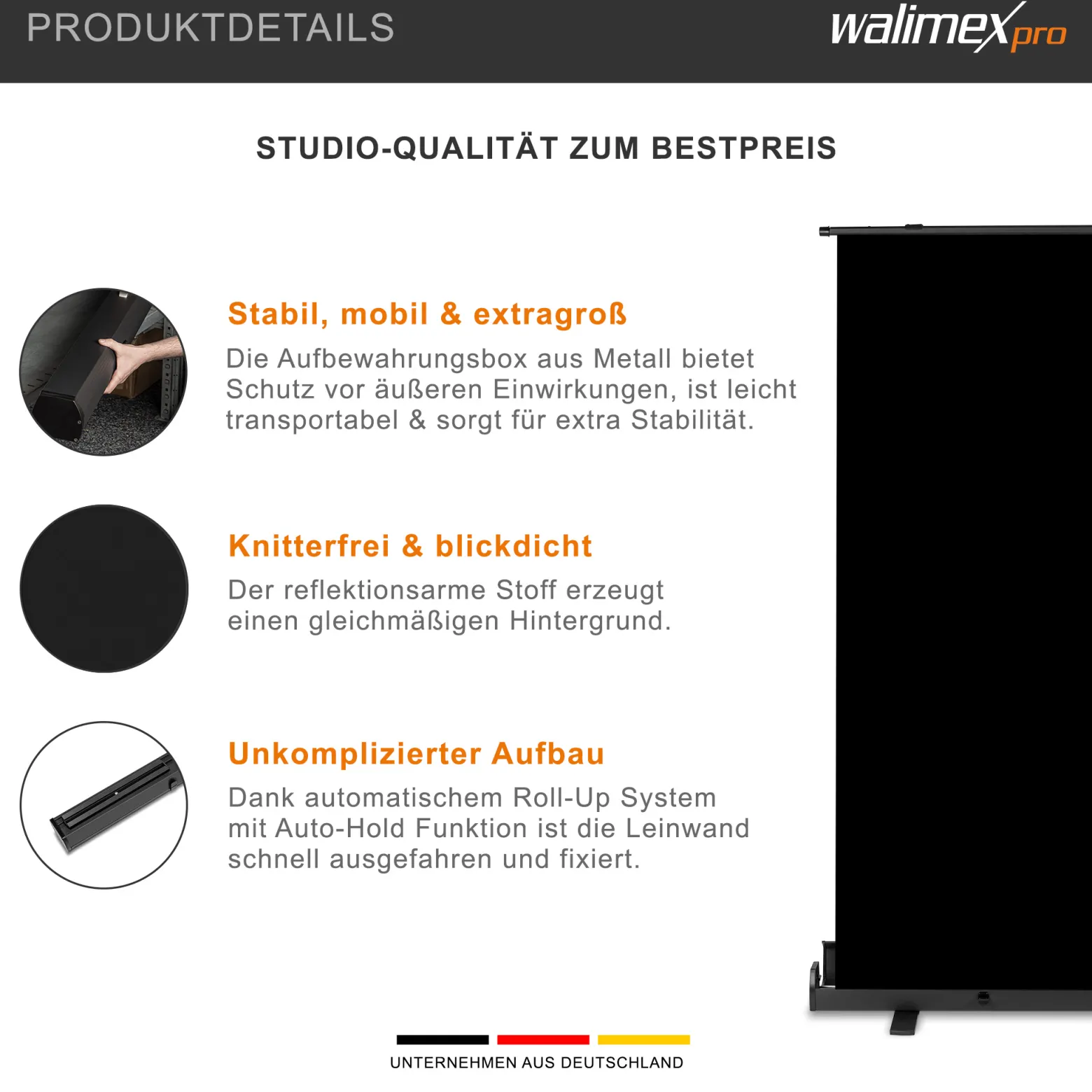 Walimex pro Roll-up Panel Hintergrund schwarz 155 x 200 cm, Fotohintergrund mit Transportbox, Hintergrundsystem für Fotostudio, knitterfreie Fotoleinwand ideal für Low-Key-Fotografie und Portraits