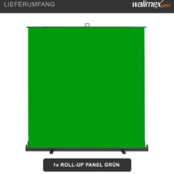 Walimex pro Roll-up Panel Hintergrund grün 210 x 220 cm, Greenscreen Fotohintergrund mit Transportbox, Hintergrundsystem für Fotostudio, knitterfreie Fotoleinwand ideal für Chromakeying
