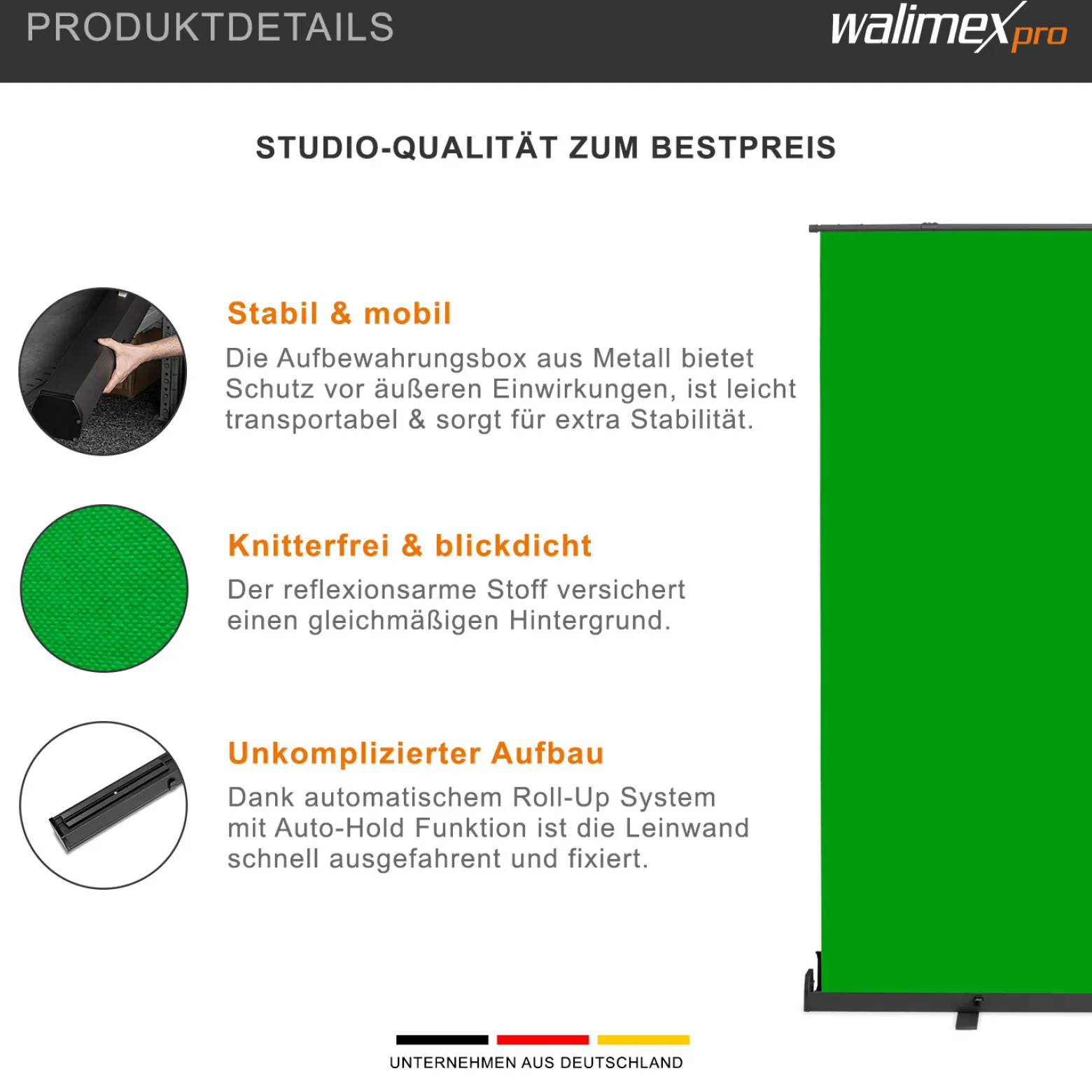 Walimex pro Roll-up Panel Hintergrund grün 210 x 220 cm, Greenscreen Fotohintergrund mit Transportbox, Hintergrundsystem für Fotostudio, knitterfreie Fotoleinwand ideal für Chromakeying