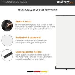 Walimex pro Roll-up Panel Hintergrund weiß 210 x 220 cm, Fotohintergrund mit Transportbox, Hintergrundsystem für Fotostudio, knitterfreie Fotoleinwand ideal für Freistellen und High-Key-Fotografie