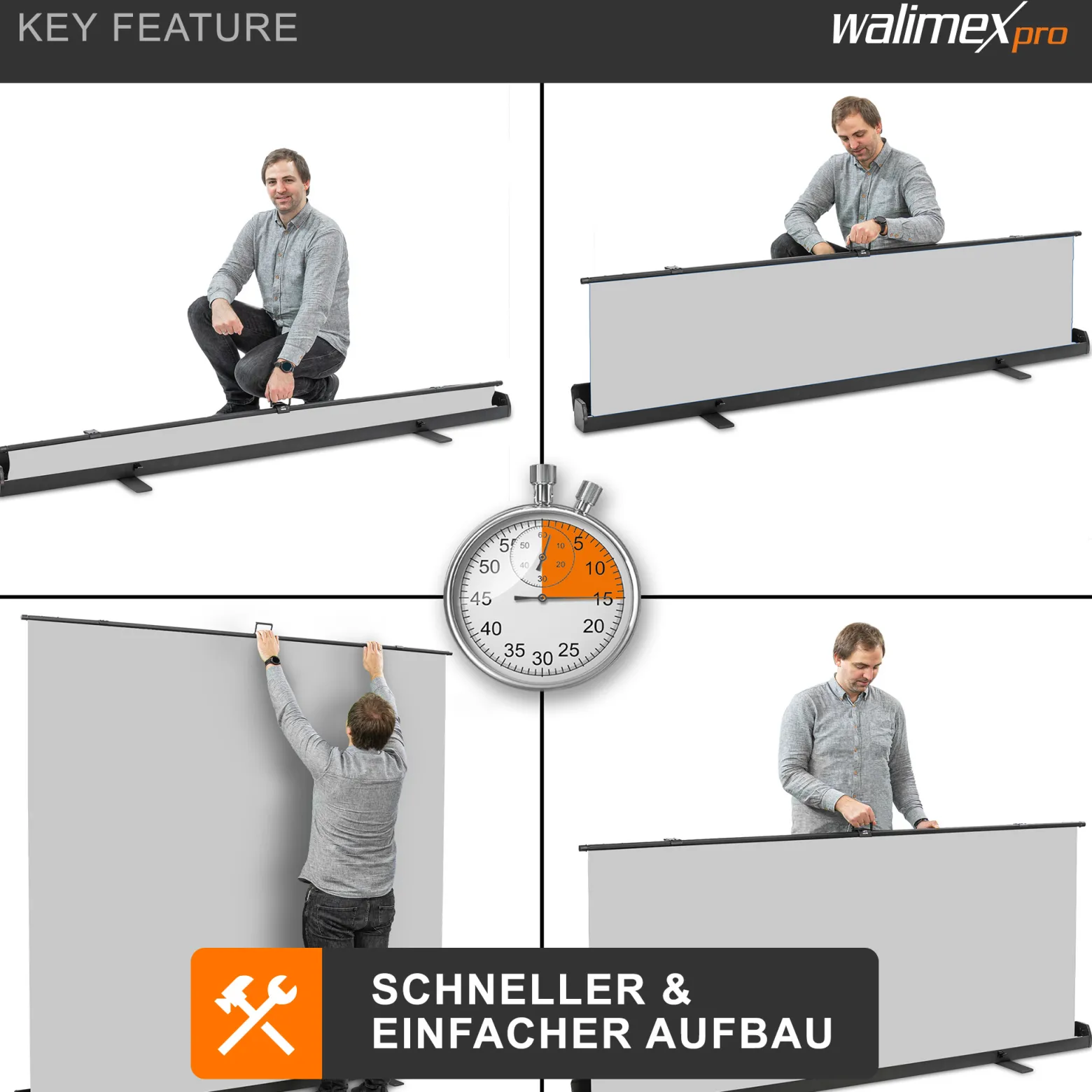 Walimex pro Roll-up Panel Hintergrund grau 210 x 220 cm, Fotohintergrund mit Transportbox, Hintergrundsystem für Fotostudio, knitterfreie Fotoleinwand ideal für Portraits und dezente Lichtakzente
