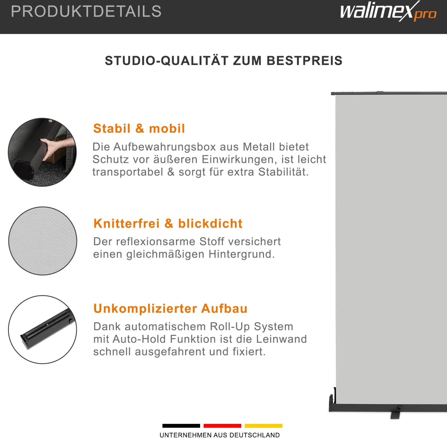 Walimex pro Roll-up Panel Hintergrund grau 210 x 220 cm, Fotohintergrund mit Transportbox, Hintergrundsystem für Fotostudio, knitterfreie Fotoleinwand ideal für Portraits und dezente Lichtakzente