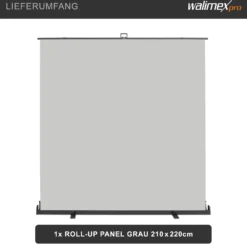 Walimex pro Roll-up Panel Hintergrund grau 210 x 220 cm, Fotohintergrund mit Transportbox, Hintergrundsystem für Fotostudio, knitterfreie Fotoleinwand ideal für Portraits und dezente Lichtakzente