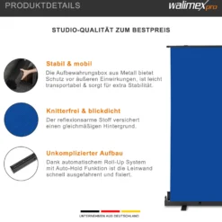 Walimex pro Roll-up Panel Hintergrund blau 155 x 200 cm, Fotohintergrund mit Transportbox, Hintergrundsystem für Fotostudio, knitterfreie Fotoleinwand ideal für Freistellen und Chromakeying