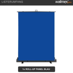 Walimex pro Roll-up Panel Hintergrund blau 155 x 200 cm, Fotohintergrund mit Transportbox, Hintergrundsystem für Fotostudio, knitterfreie Fotoleinwand ideal für Freistellen und Chromakeying