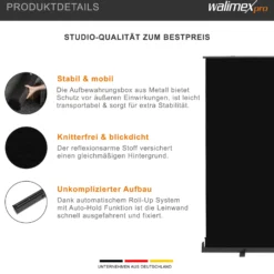 Walimex pro Roll-up Panel Hintergrund schwarz 210 x 220 cm, Fotohintergrund mit Transportbox, Hintergrundsystem für Fotostudio, knitterfreie Fotoleinwand ideal für Low-Key-Fotografie und Portraits