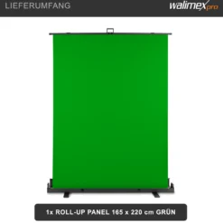 Walimex pro Roll-up Panel Hintergrund grün 165 x 220 cm, Greenscreen Fotohintergrund mit Transportbox, Hintergrundsystem für Fotostudio, knitterfreie Fotoleinwand ideal für Chromakeying