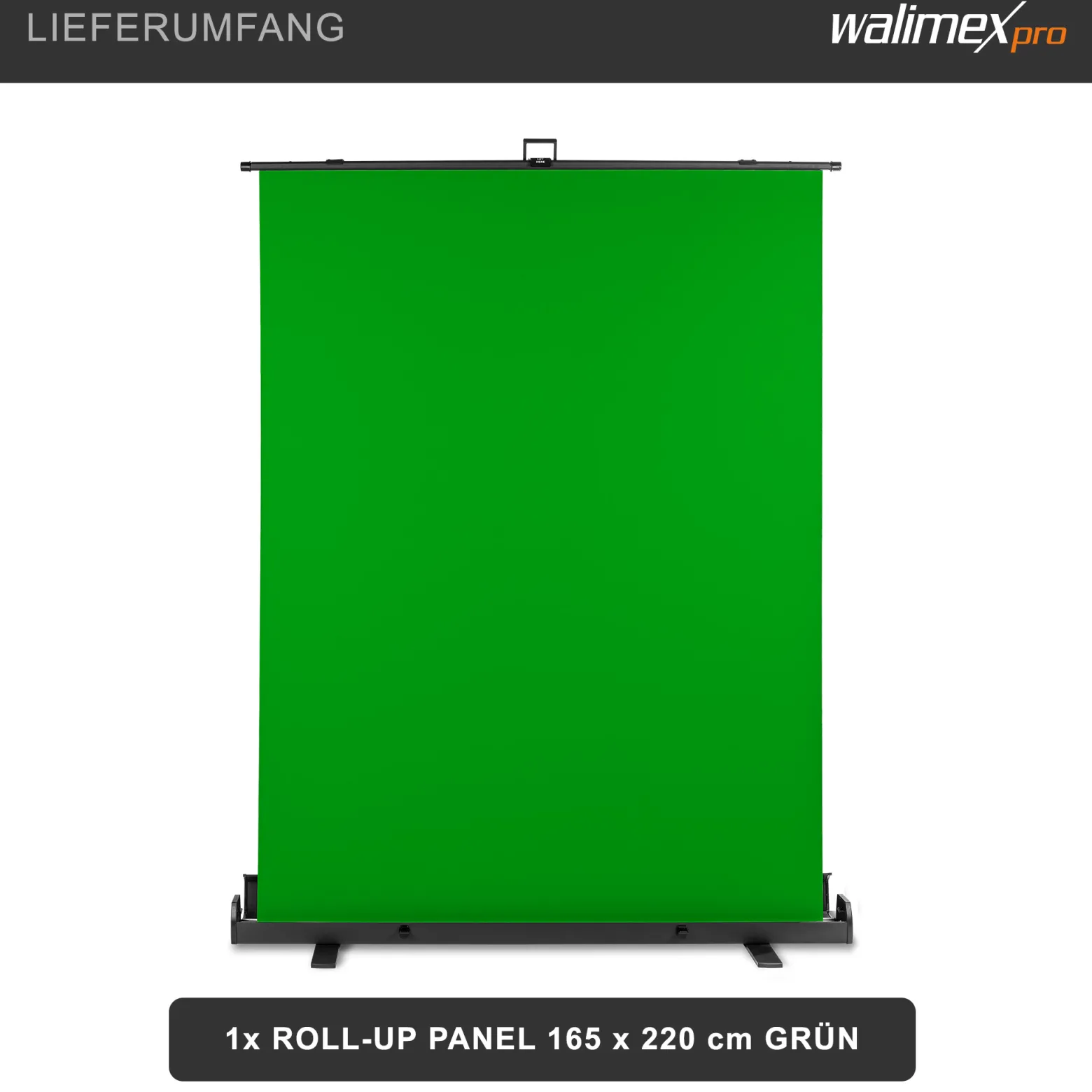 Walimex pro Roll-up Panel Hintergrund grün 165 x 220 cm, Greenscreen Fotohintergrund mit Transportbox, Hintergrundsystem für Fotostudio, knitterfreie Fotoleinwand ideal für Chromakeying