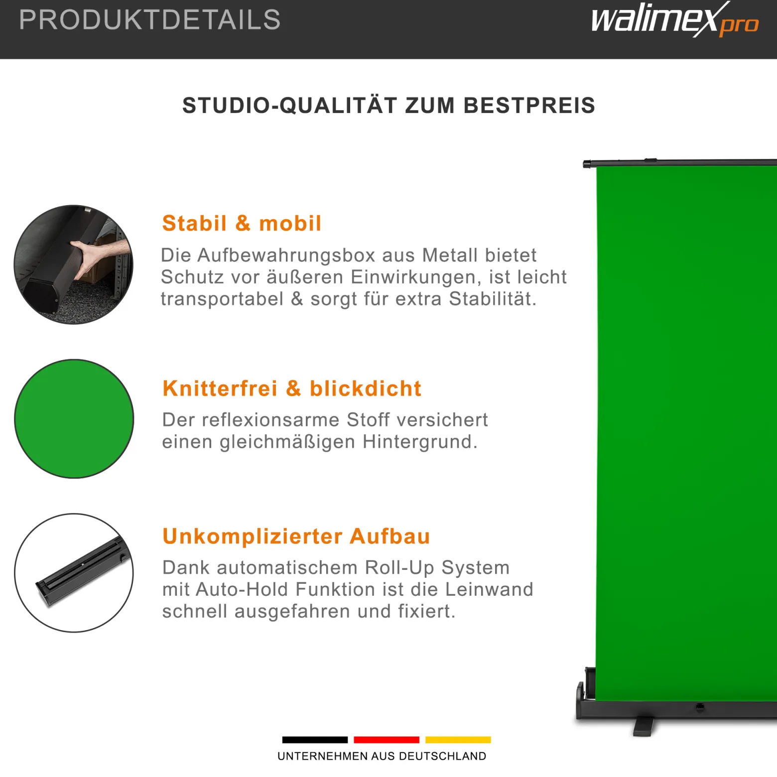 Walimex pro Roll-up Panel Hintergrund grün 165 x 220 cm, Greenscreen Fotohintergrund mit Transportbox, Hintergrundsystem für Fotostudio, knitterfreie Fotoleinwand ideal für Chromakeying